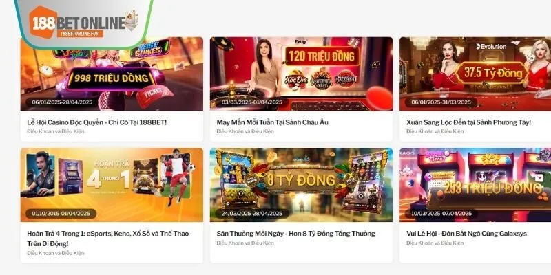 Khuyến mãi 188BET tập hợp list sự kiện giá trị cực hời
